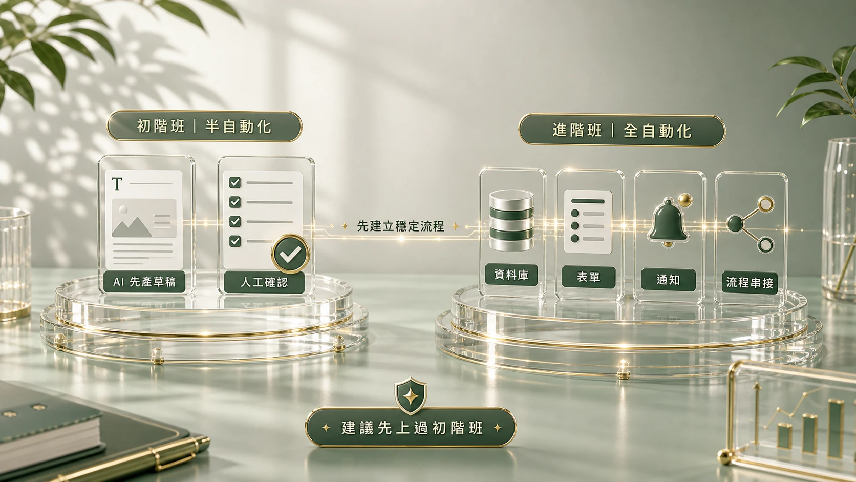 初階班半自動化先建立資料、草稿與人工確認流程，進階班全自動化再處理資料庫、表單、通知與流程串接