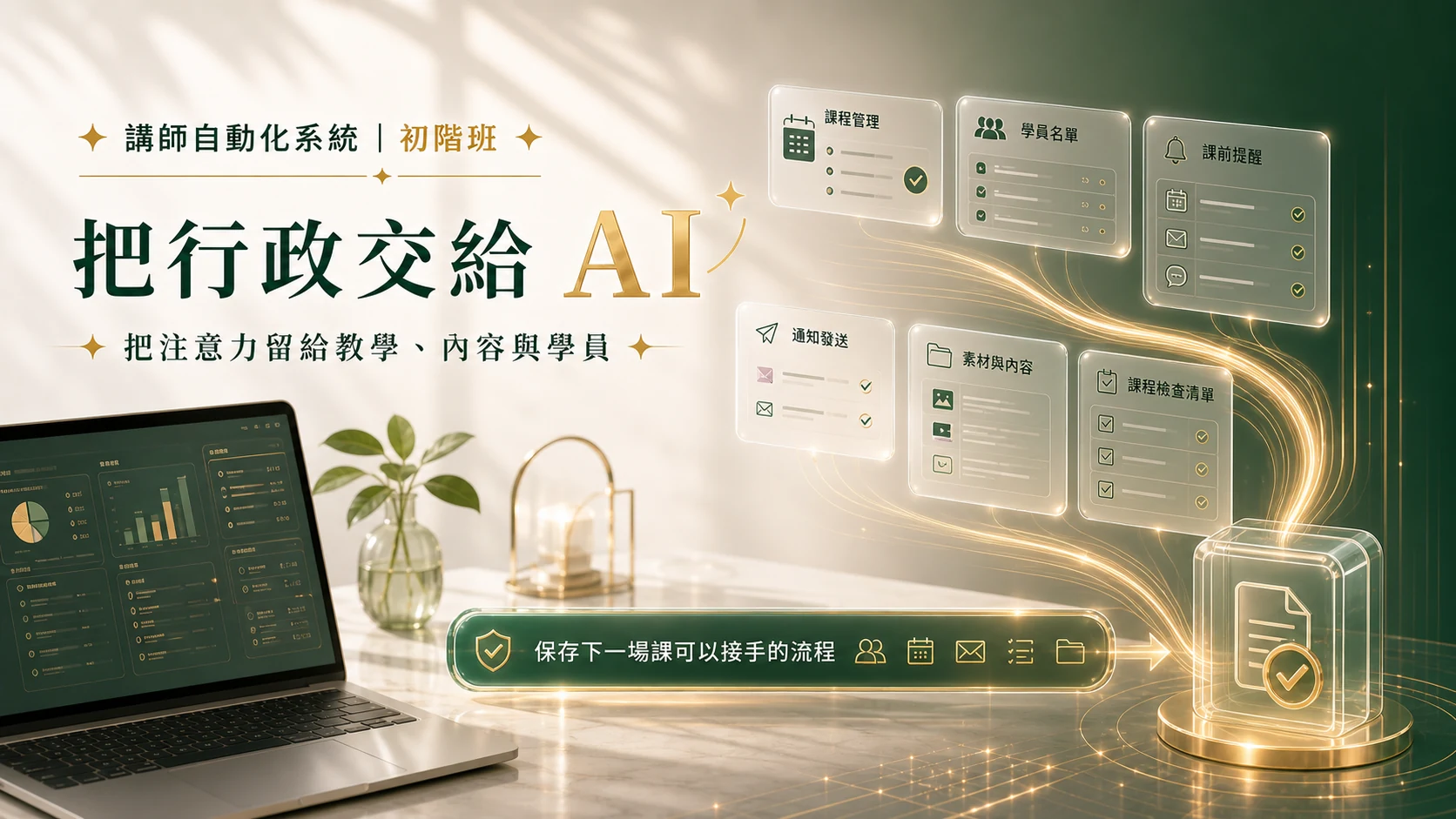 講師自動化系統結尾圖：把行政交給 AI，把注意力留給教學、內容與學員