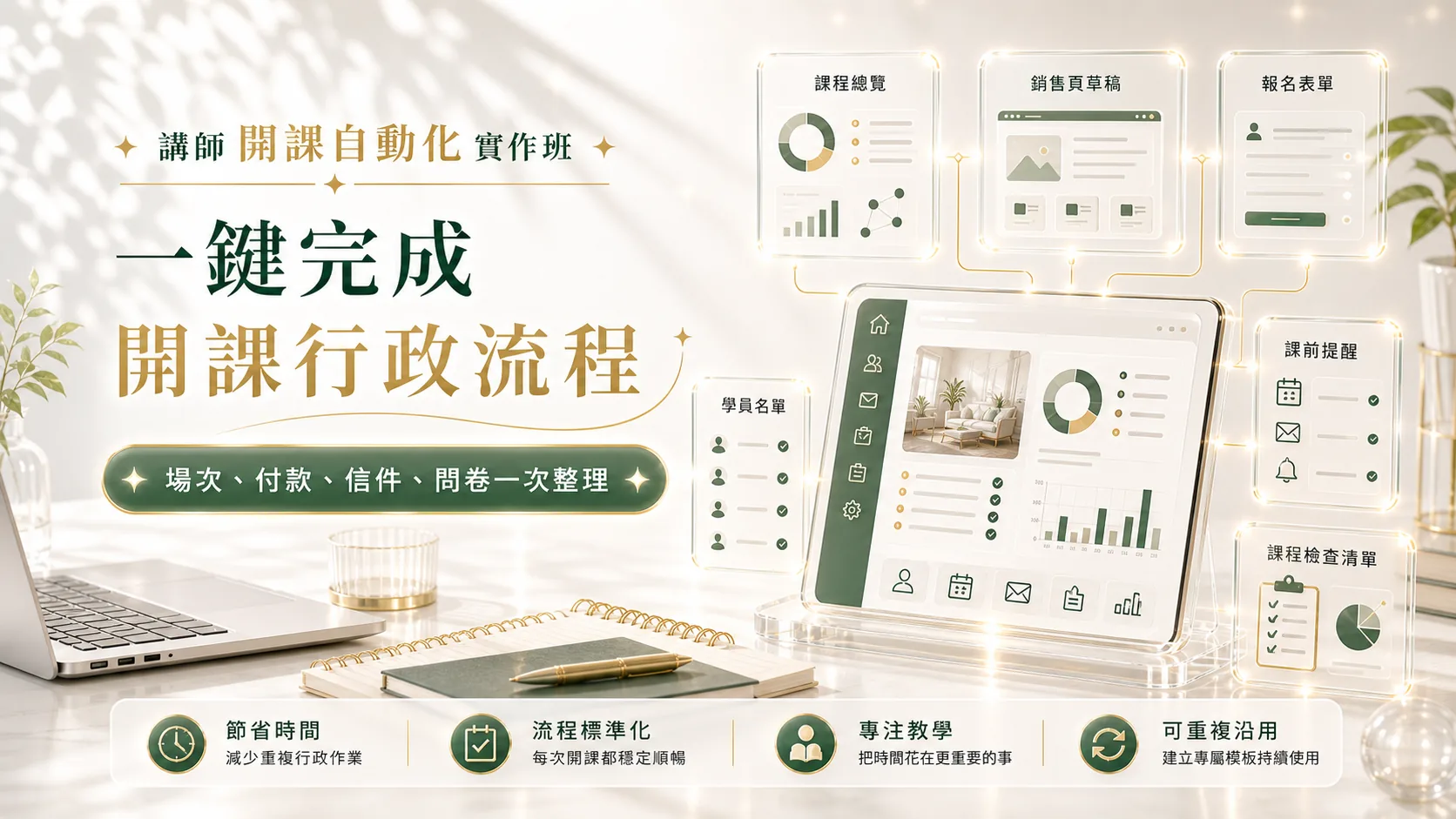 講師開課自動化實作班 Hero 資訊圖：一鍵完成開課行政流程