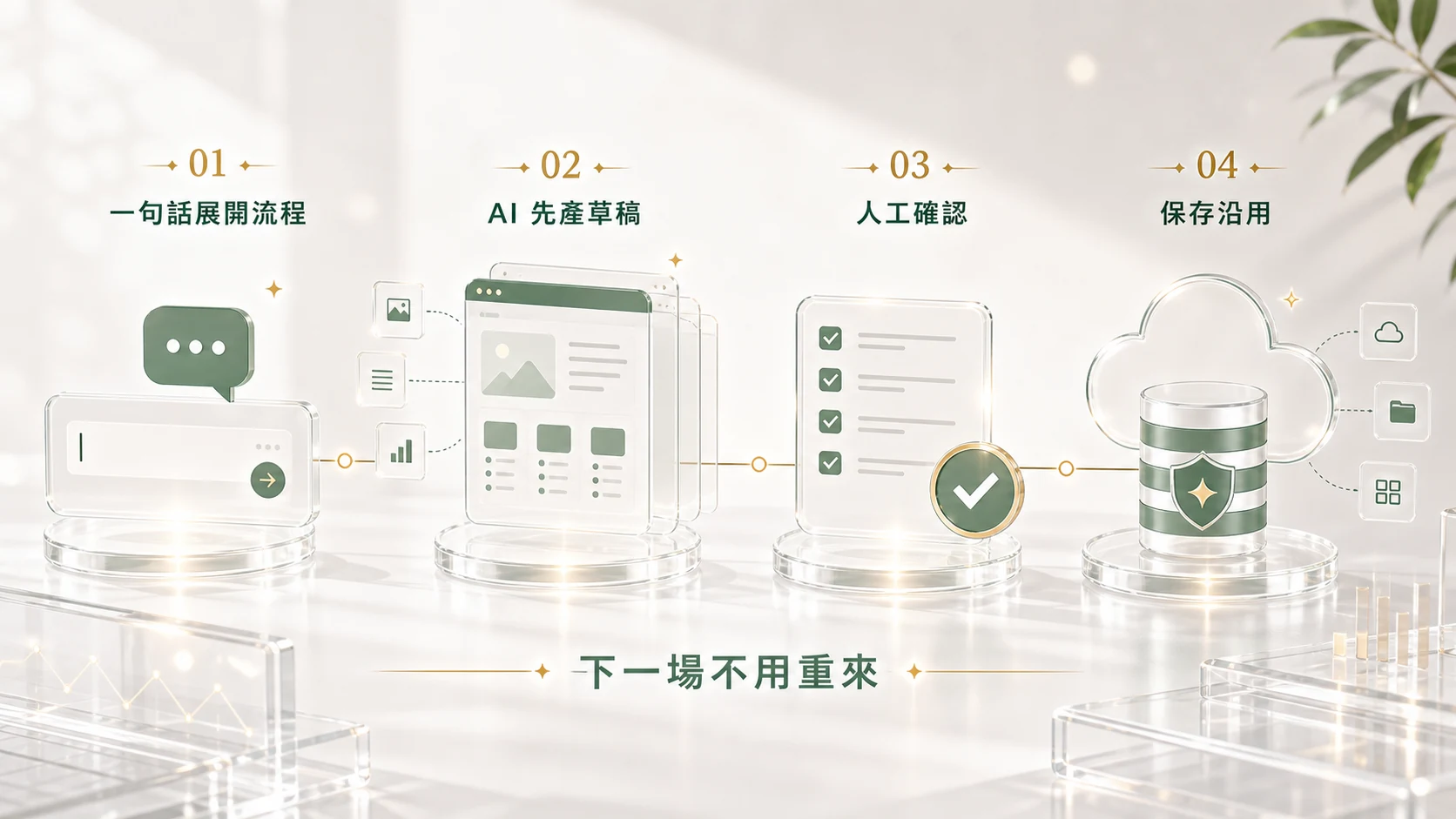 柔綠白金玻璃流程線：一句話展開流程、AI 先產草稿、人工確認、保存沿用